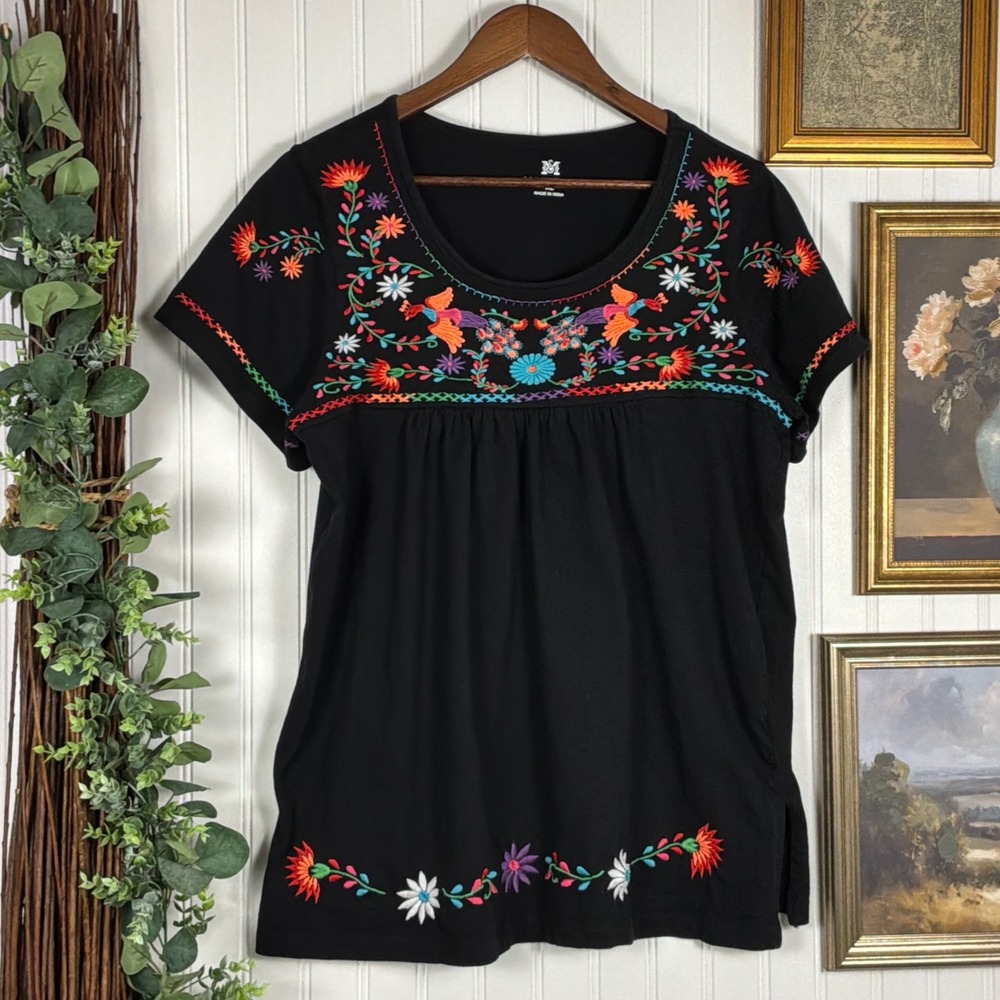 South Main Embroidered Top Womens XL Black Good Floral Boho Short Sleeve